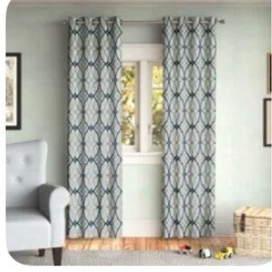 Elegant Aanya Blue, Tan and White Geometric Room Darkening Curtains